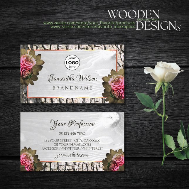 White Wood Grain Pink Roses Natural Tree Bark Logo Business Card (Creator Uploaded)