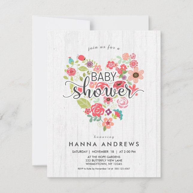 White Wood & Heart Girl Baby Shower Invitation (Front)