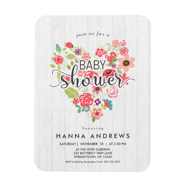 White Wood & Heart Girl Baby Shower Invitation Magnet (Vertical)