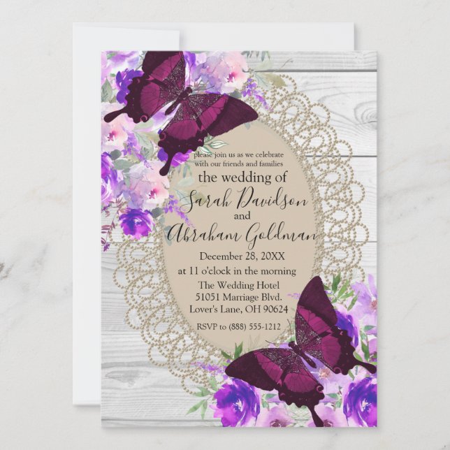 White Wood Lace Butterflies Butterfly Wedding Invitation (Front)