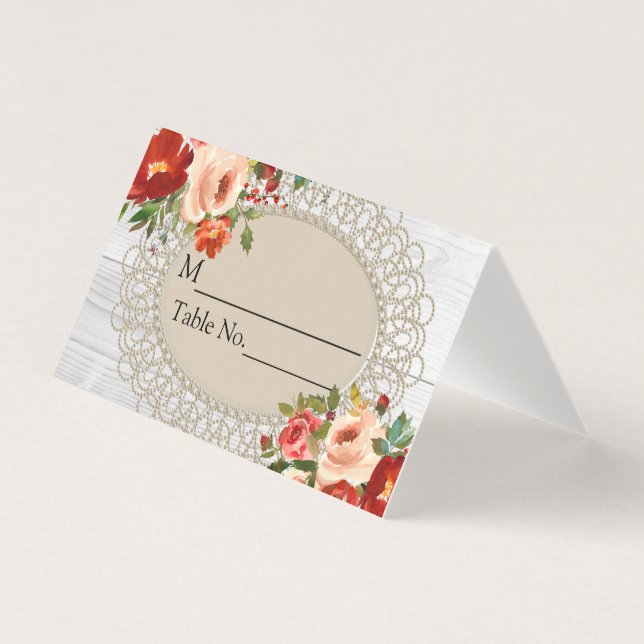 White Wood Lace Folded Table Card (Front)
