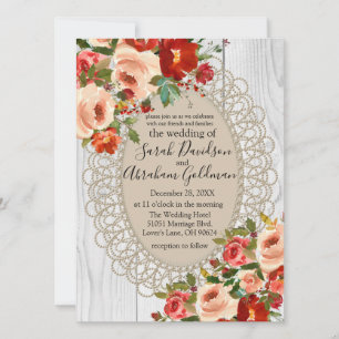 White Wood Lace Red Flowers Roses Rustic Wedding I Invitation