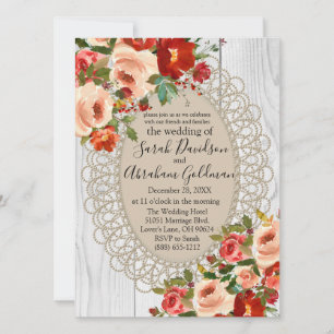 White Wood Lace Red Flowers Roses Rustic Wedding Invitation