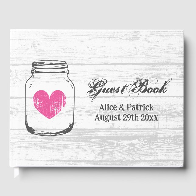 White wood mason jar drawing rustic wedding  guest book (Front)