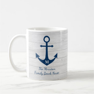 White Wood Monogram Beach House Anchor Family Coffee Mug