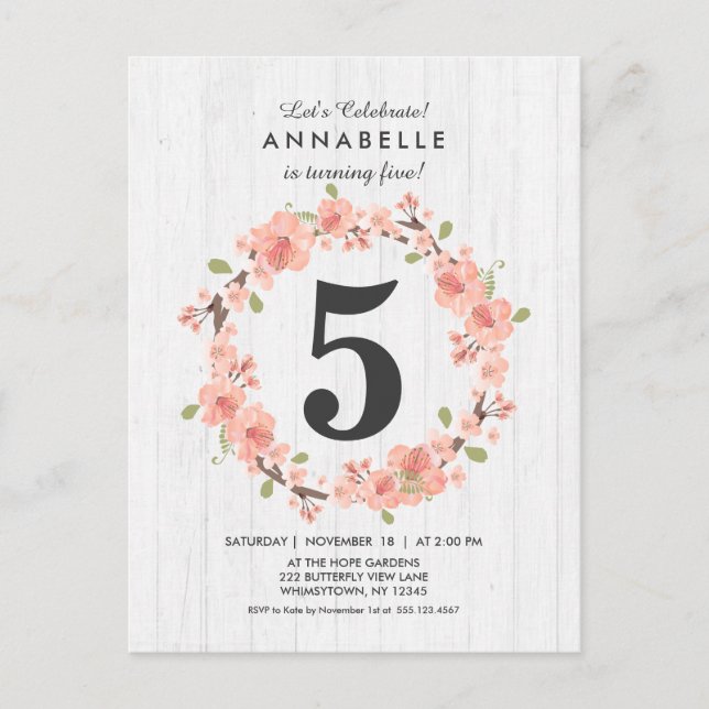 White Wood Peach Floral Birthday Party Invitation Postcard (Front)
