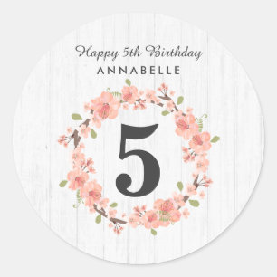 White Wood & Peach Floral Wreath Happy Birthday Classic Round Sticker