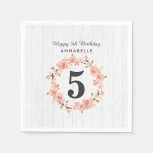 White Wood & Peach Floral Wreath Happy Birthday Napkin