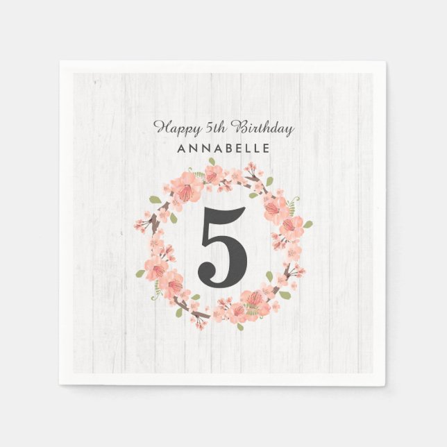White Wood & Peach Floral Wreath Happy Birthday Napkin (Front)