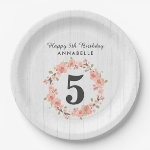 White Wood & Peach Floral Wreath Happy Birthday Paper Plate