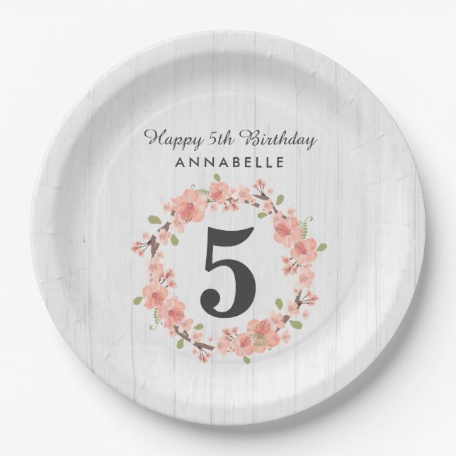 White Wood & Peach Floral Wreath Happy Birthday Paper Plate (Front)