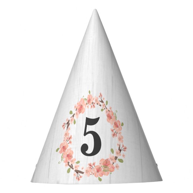 White Wood & Peach Floral Wreath Happy Birthday Party Hat (Front)