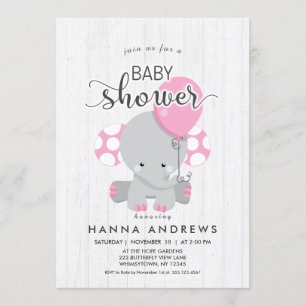 White Wood Pink Elephant Baby Shower Invitation