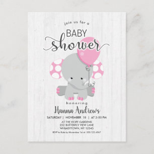 White Wood Pink Elephant Baby Shower Invitation