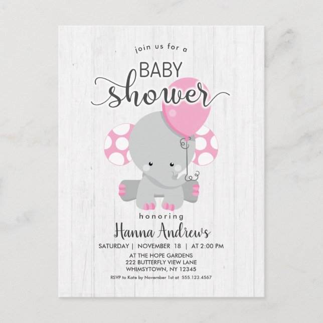 White Wood Pink Elephant Baby Shower Invitation (Front)