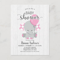 White Wood Pink Elephant Baby Shower Invitation