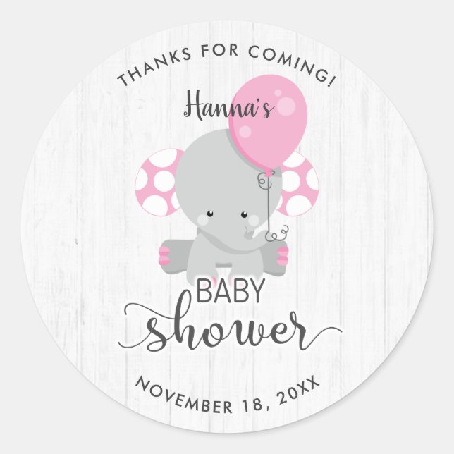White Wood & Pink Elephant Baby Shower Thank You Classic Round Sticker (Front)