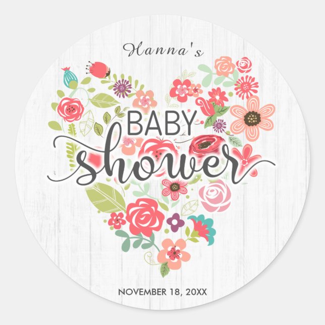 White Wood & Pink Floral Heart Girl Baby Shower Classic Round Sticker (Front)