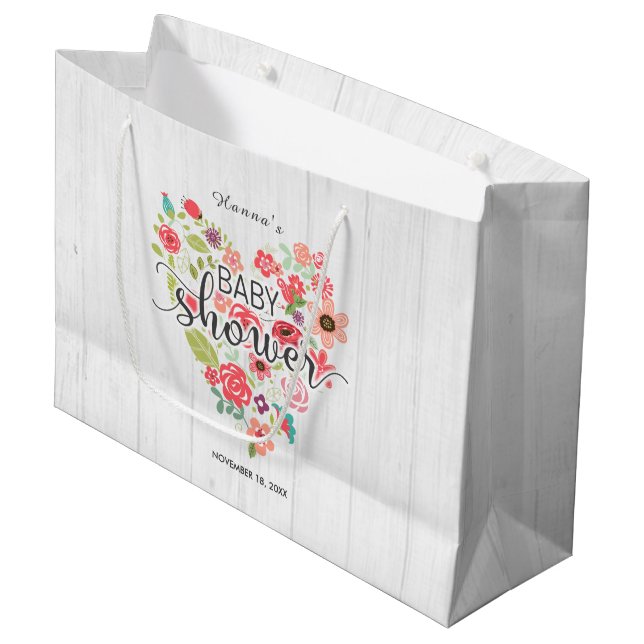 White Wood & Pink Floral Heart Girl Baby Shower Large Gift Bag (Front Angled)