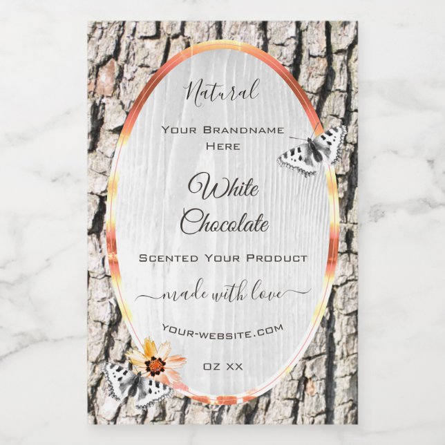 White Wood Product Label Rose Gold Frame Butterfly (Single Label)