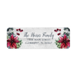 White Wood Red Poinsettia Holly Berries Label