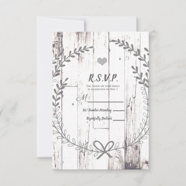 White Wood Rustic Farmhouse Country Wedding RSVP Card (Front)