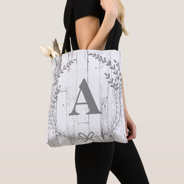 White Wood Rustic Farmhouse Monogram Letter Tote Bag (Close Up)