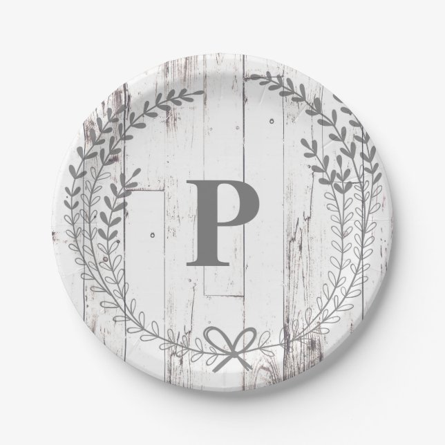 White Wood Rustic Farmhouse Monogram Wedding Paper Plate (Front)