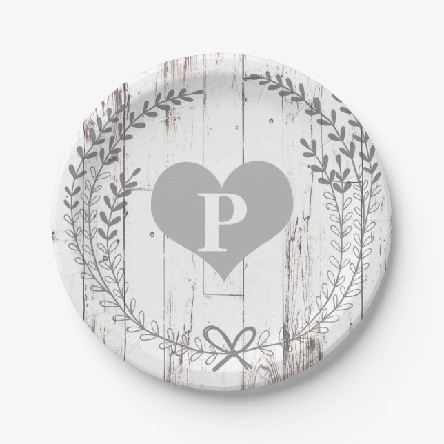 White Wood Rustic Farmhouse Monogram Wedding Paper Plate (Front)