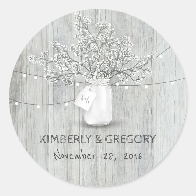 White Wood Rustic Mason Jar Baby's Breath Wedding Classic Round Sticker (Front)