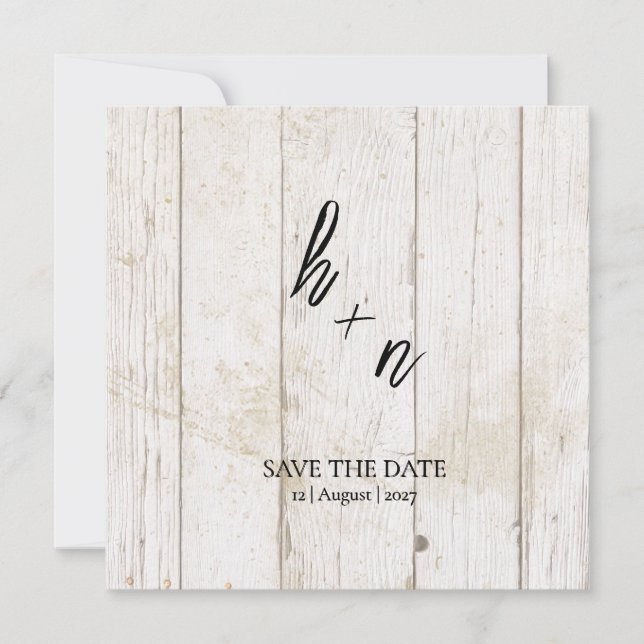 White Wood Save the Date Minimalistic Initials (Front)