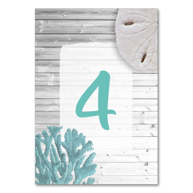 White Wood Teal Coral Wedding Table Number Cards (Front)