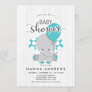 White Wood Teal Elephant Baby Shower Invitation