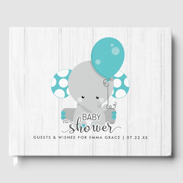 White Wood & Teal Elephant Wishes for Baby Shower Guest Book (Front)