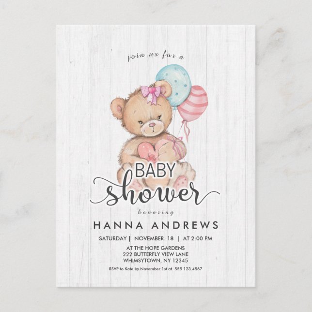 White Wood Teddy Bear Girl Baby Shower Invitation (Front)