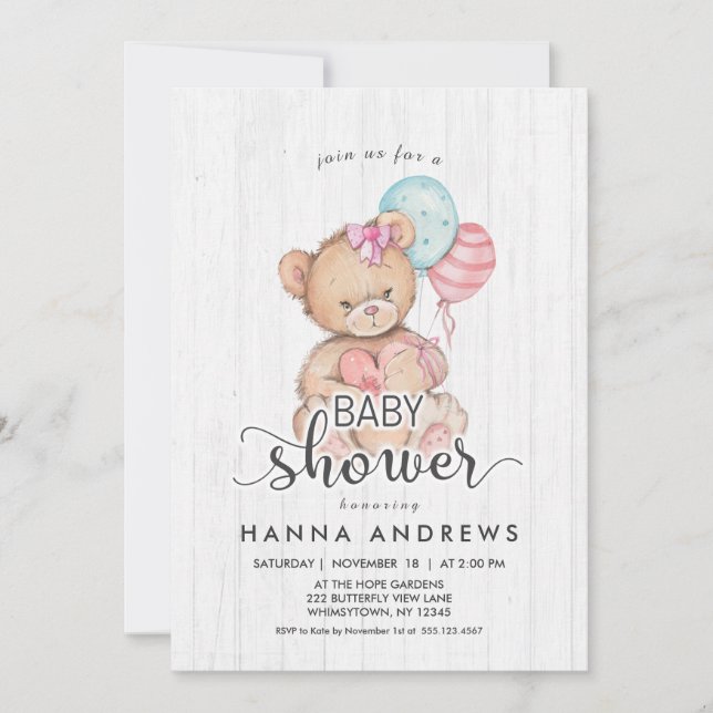 White Wood Teddy Bear Girl Baby Shower Invitation (Front)
