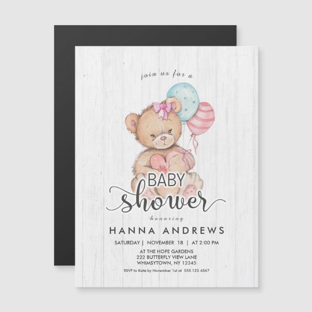 White Wood Teddy Bear Girl Baby Shower Invitation (Front/Back)