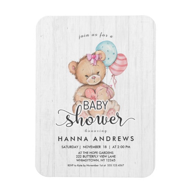White Wood Teddy Bear Girl Baby Shower Invitation Magnet (Vertical)