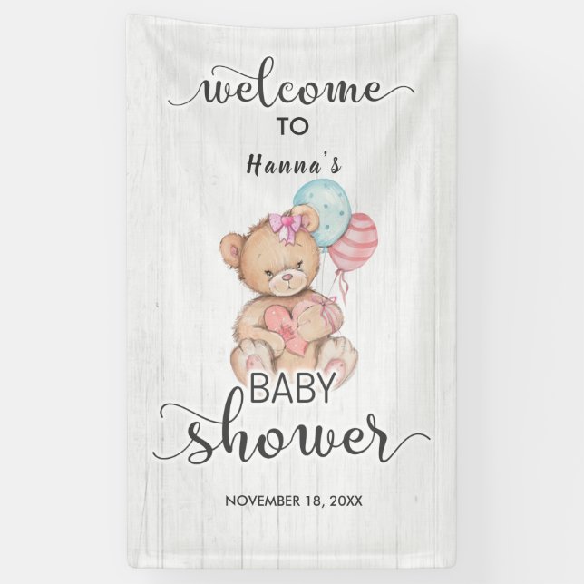 White Wood & Teddy Bear Girl Baby Shower Welcome Banner (Vertical)