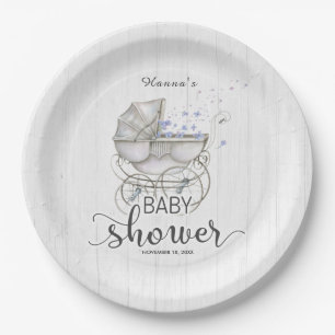 White Wood & Vintage Carriage Boy Baby Shower Paper Plate