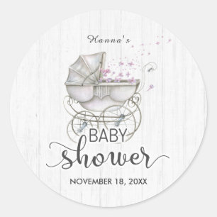 White Wood & Vintage Carriage Girl Baby Shower Classic Round Sticker