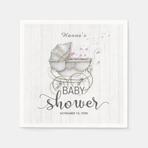 White Wood & Vintage Carriage Girl Baby Shower Napkin