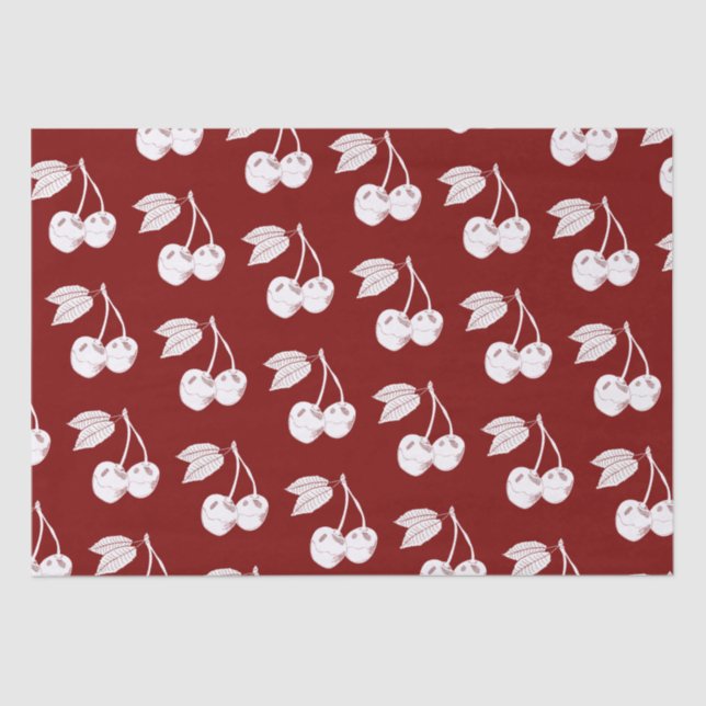 White Woodcut Cherry Design on Dark Red Tissue Paper (Front)