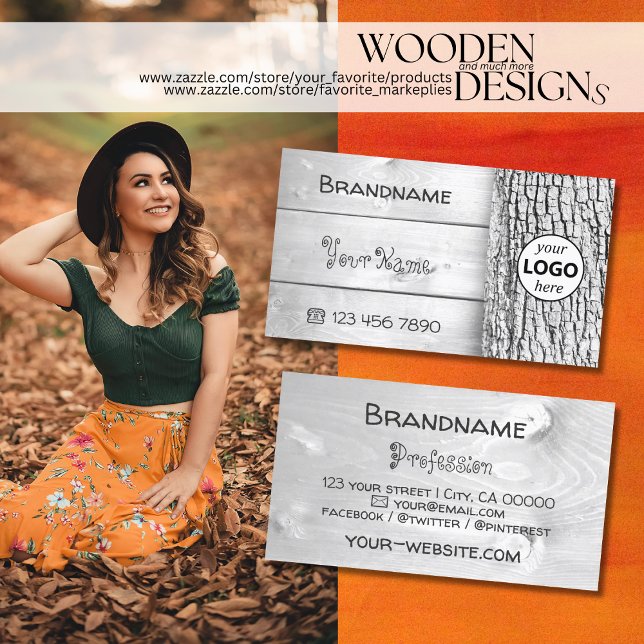 White Wooden Boards Rustic Tree Bark Grain Logo Business Card (Creator Uploaded)