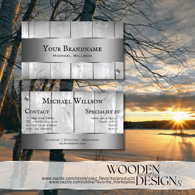 White Wooden Boards Wood Grain Silver Decor Border Business Card (Creator Uploaded)