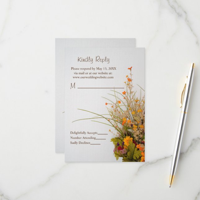 White Wooden Fall Flowers RSVP Card (Front/Back In Situ)