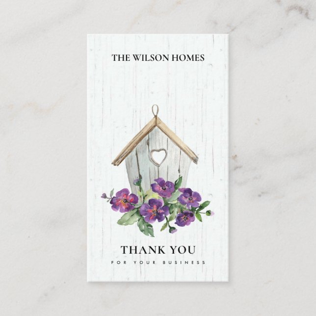 WHITE WOODEN FLORAL BIRD HOUSE THANK YOU REALTOR BUSINESS CARD (Front)