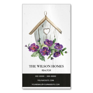 WHITE WOODEN FLORAL BIRDHOUSE REAL ESTATE REALTOR 	Magnetic BUSINESS CARD