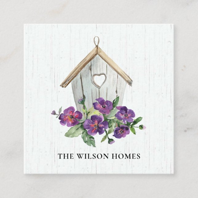 WHITE WOODEN FLORAL BIRDHOUSE REAL ESTATE REALTOR SQUARE BUSINESS CARD (Front)