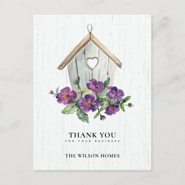 WHITE WOODEN FLORAL BIRDHOUSE REALTOR THANK YOU ANNOUNCEMENT POSTCARD (Front)
